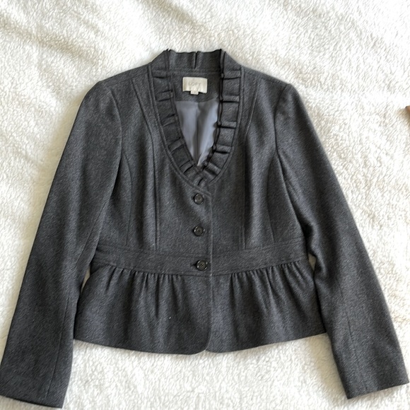 Loft Grey Ruffle Trim Wool Blend Jacket - 10 - Picture 1 of 6